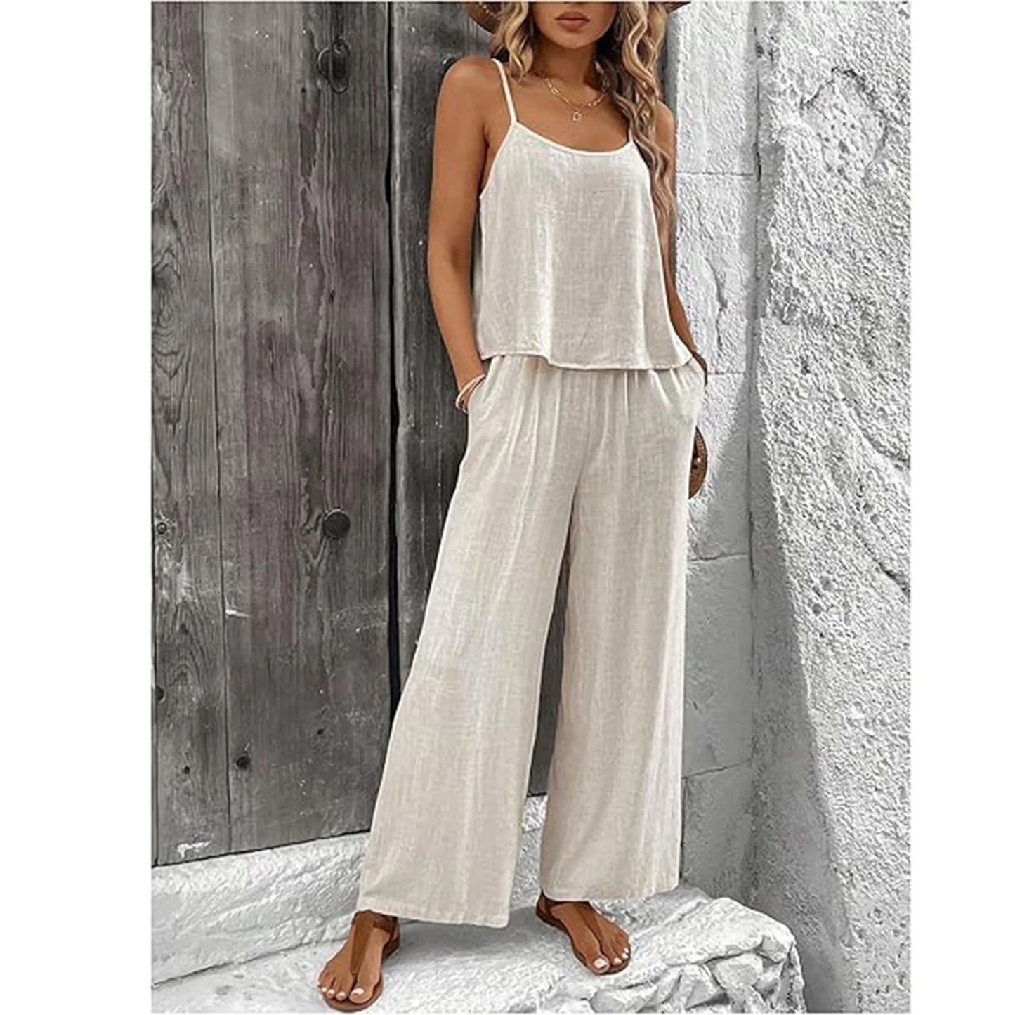 MLDRA Women's Capri Lounge Sets 2-Piece Beach Summer Vacation Travel Going Out Outfit Sleeveless Crop Tank Top Wide-Leg Dressy Palazzo Crop Pants Suit Black