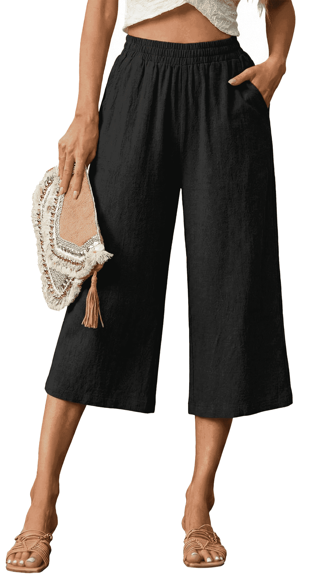 MLDRA Womens Capri Pants Linen Cropped Pants with Pockets Loose Fit Wide Leg Yoga Casual Elastic Waist Ladies Trousers Blue
