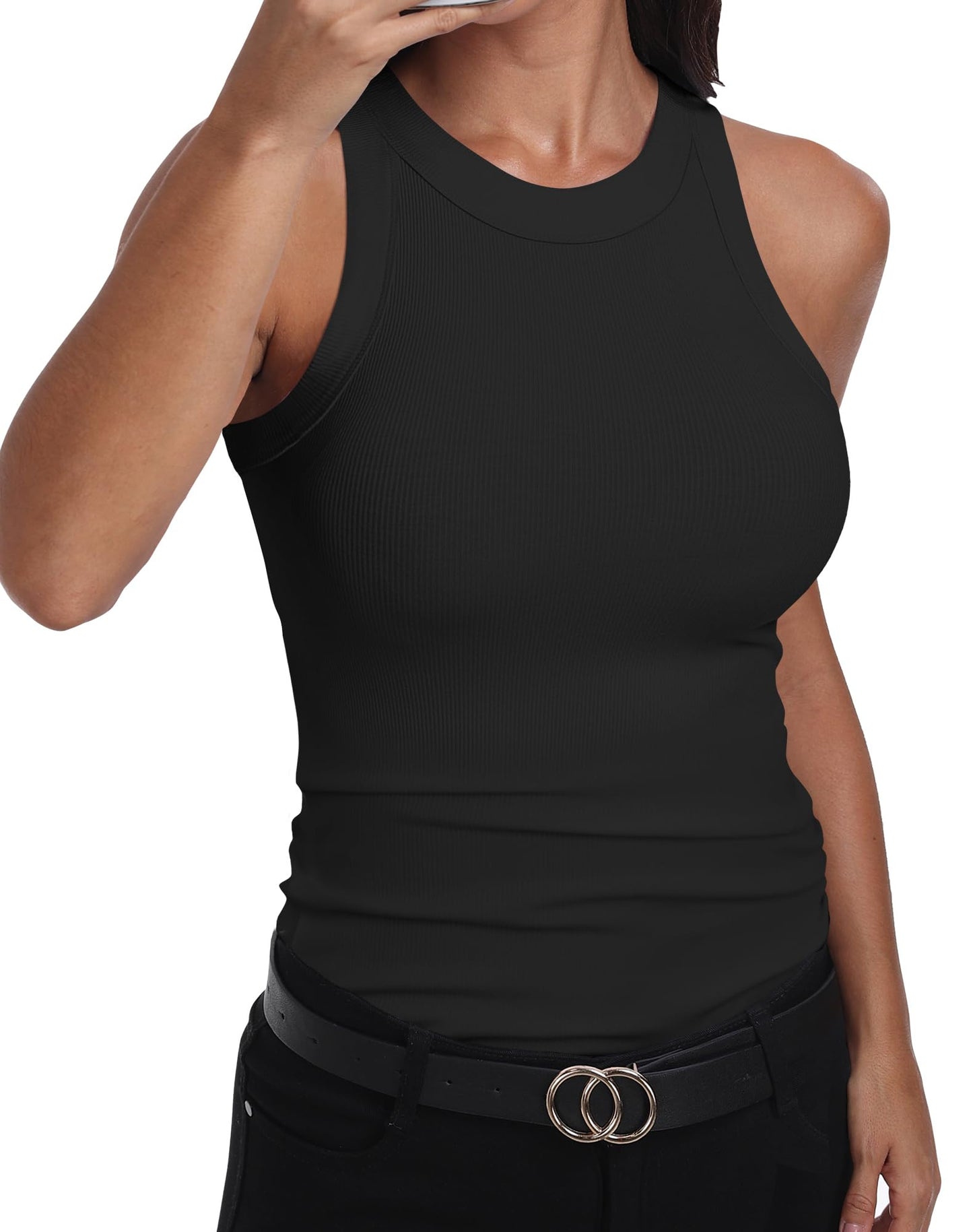 MLDRA Women’s Sleeveless Tank Top Ribbed High Neck Racerback Fitted Casual Basic Summer Top 2026 Black