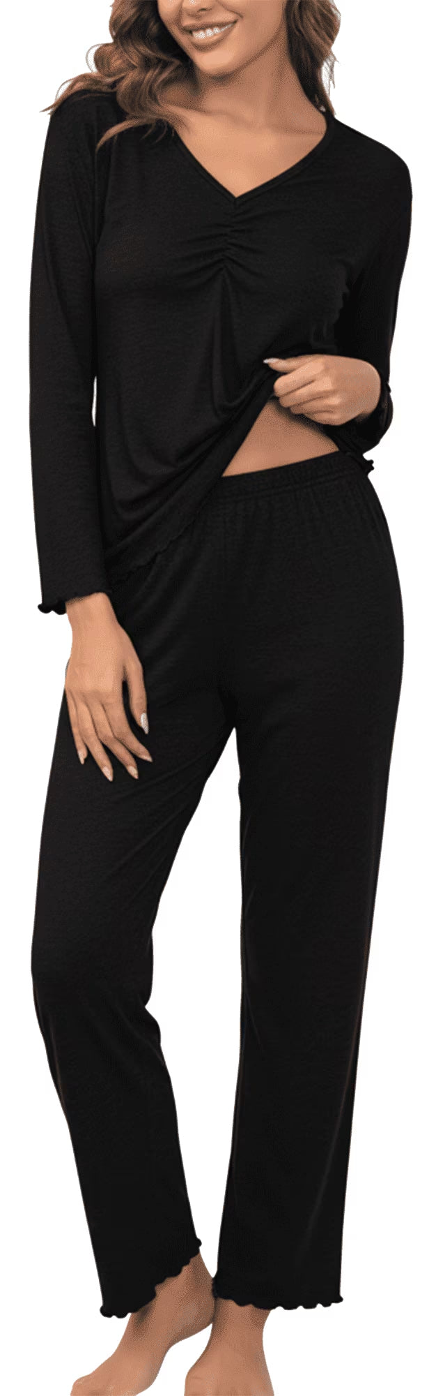 MLDRA Women's Pajama Sets 2 Piece Lounge Set Long Sleeve V Neck Top and Pants Soft Sleepwear Nightwear Pjs Fall Dark Grey