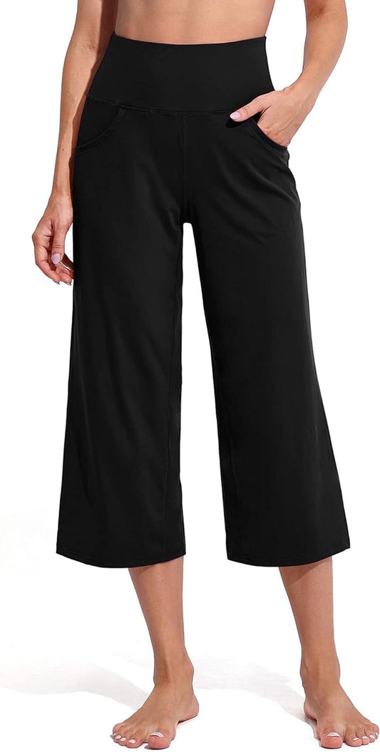 MLDRA Capri Wide Leg Pants for Women Yoga Pants Flare Petite with Pockets High Waist Lightweight Leggings Sweatpants for Summer