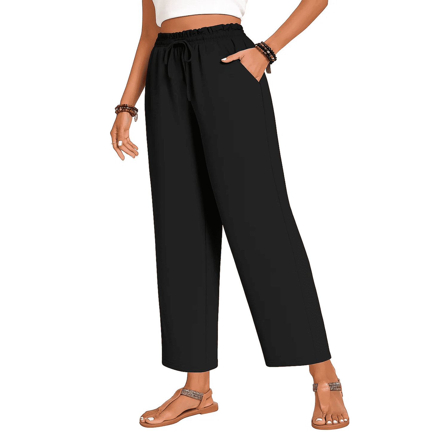 MLDRA Womens Capri Yoga Wide Leg Pant Sweatpants Palazzo Leggings Lounge Workout Cropped Work Loose High Waisted Drawstring Pajama with Pockets Summer Fall Lightweight Thin Black