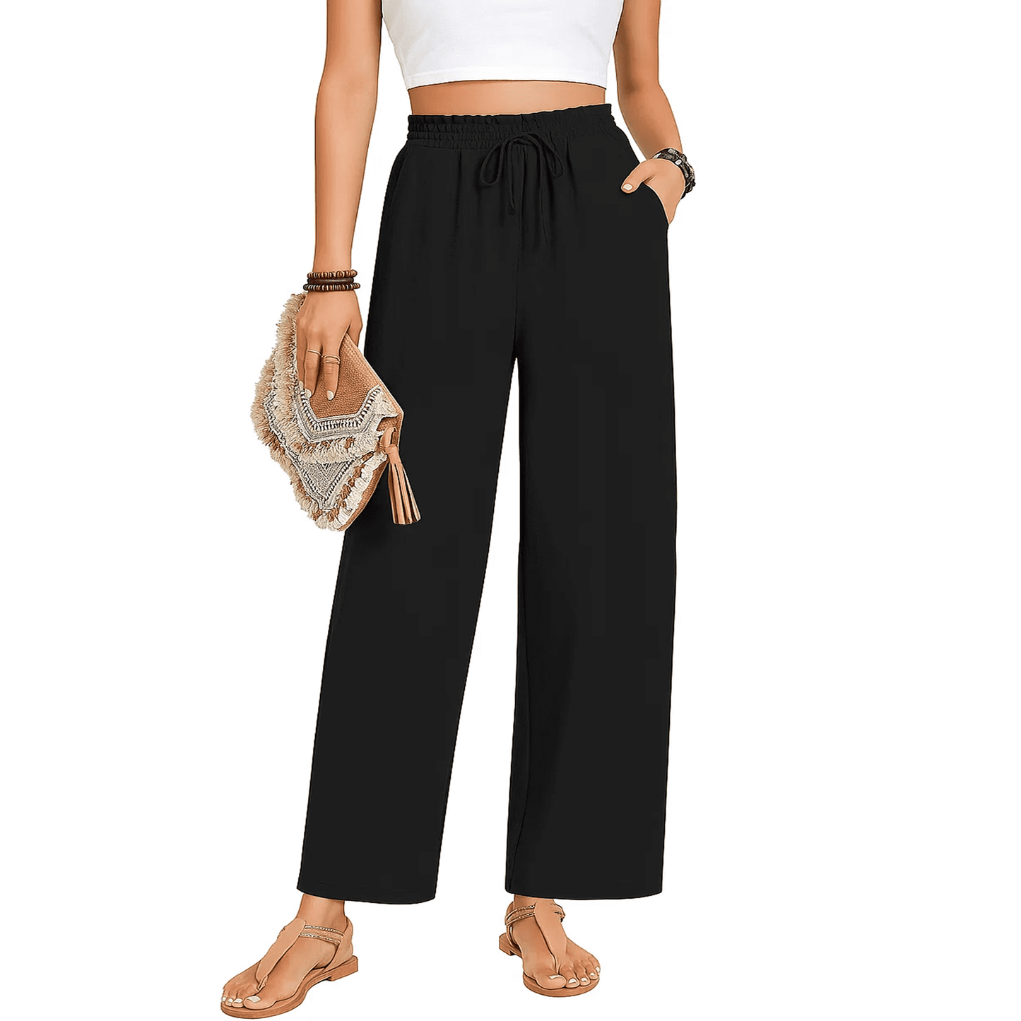 MLDRA Womens Capri Yoga Wide Leg Pant Sweatpants Palazzo Leggings Lounge Workout Cropped Work Loose High Waisted Drawstring Pajama with Pockets Summer Fall Lightweight Thin Black