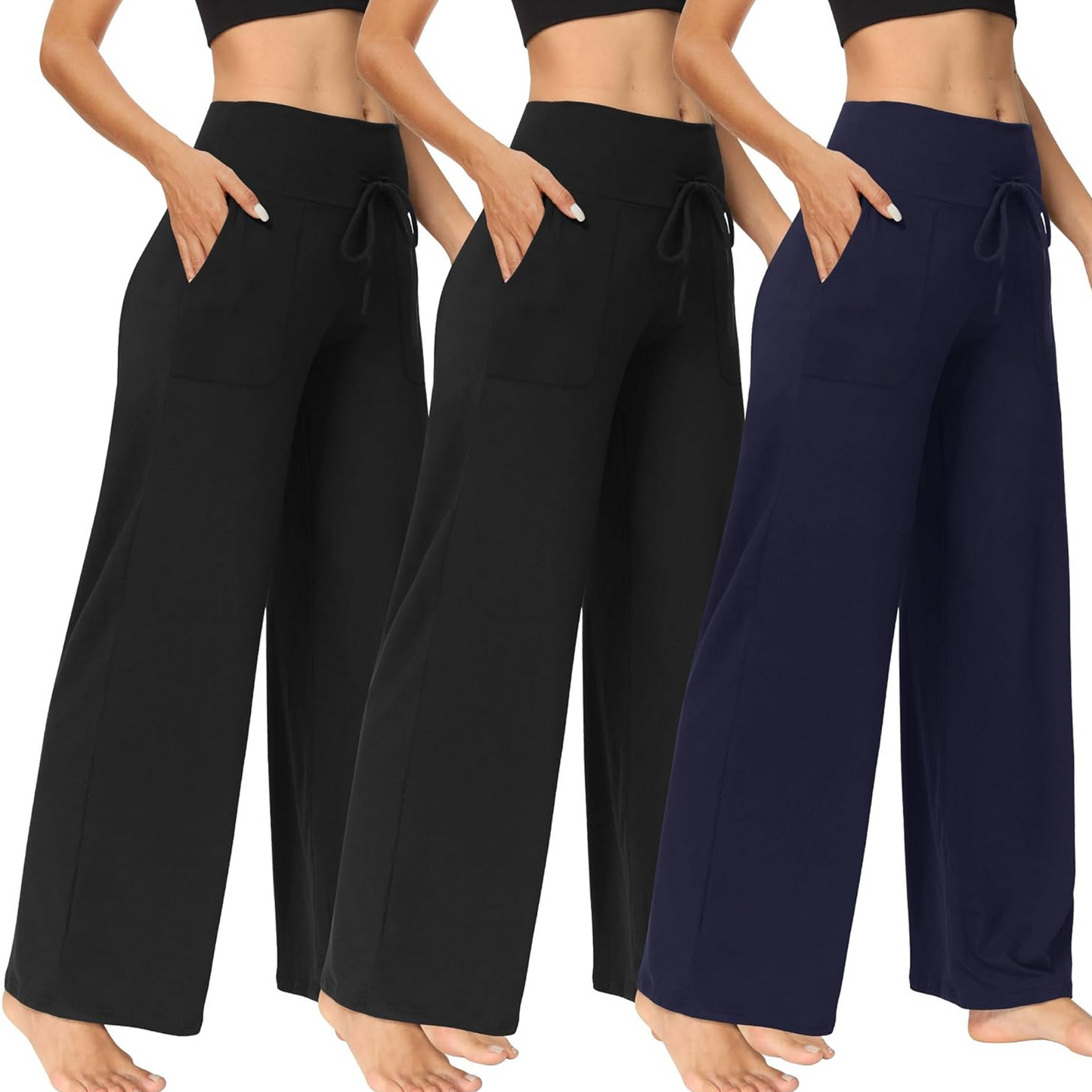 MLDRA 3 Pack Women's Wide Leg Pants with Pockets - Casual Loose Sweatpants Yoga Trouser Pants Sweat Palazzo Lounge Pajama Pants