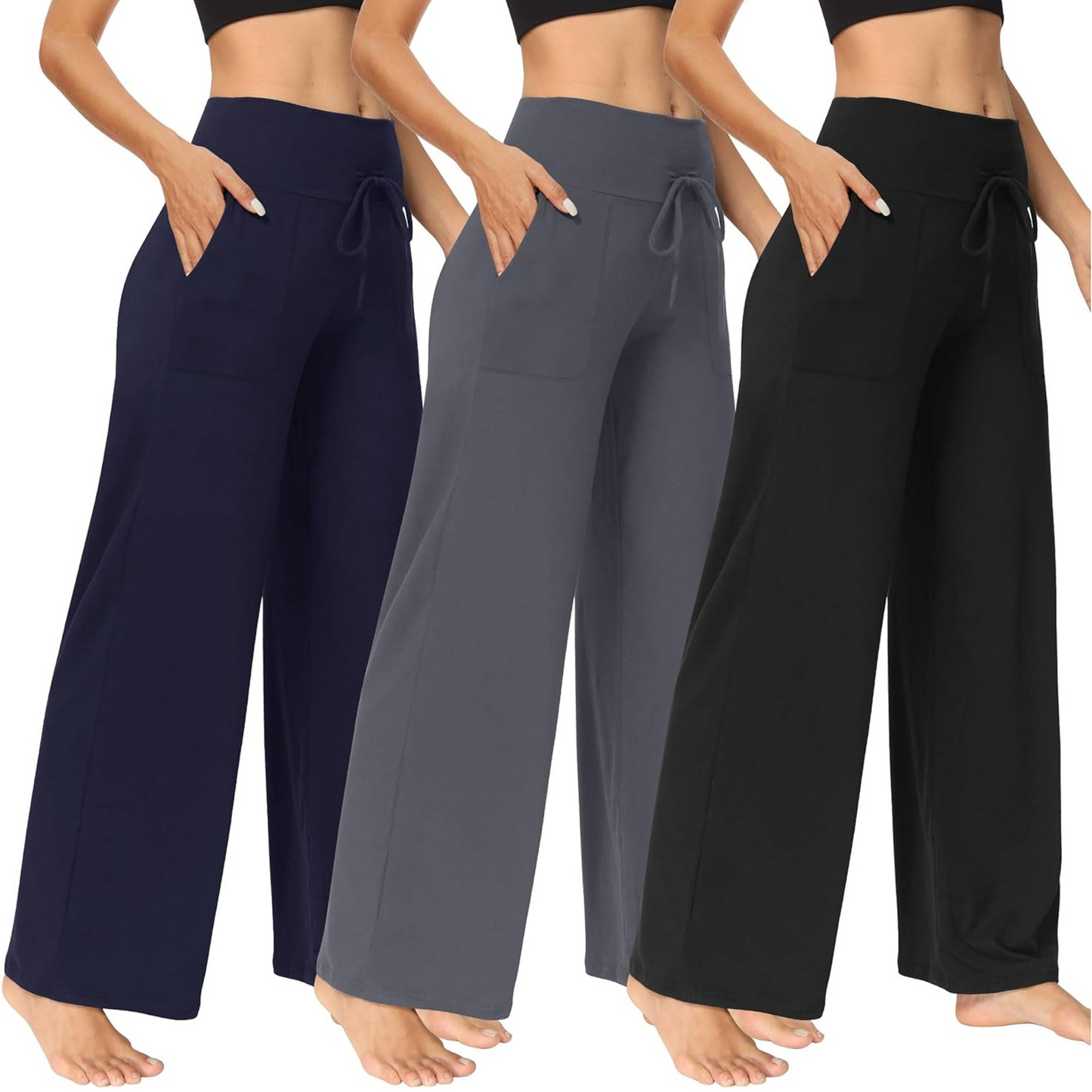 MLDRA 3 Pack Women's Wide Leg Pants with Pockets - Casual Loose Sweatpants Yoga Trouser Pants Sweat Palazzo Lounge Pajama Pants