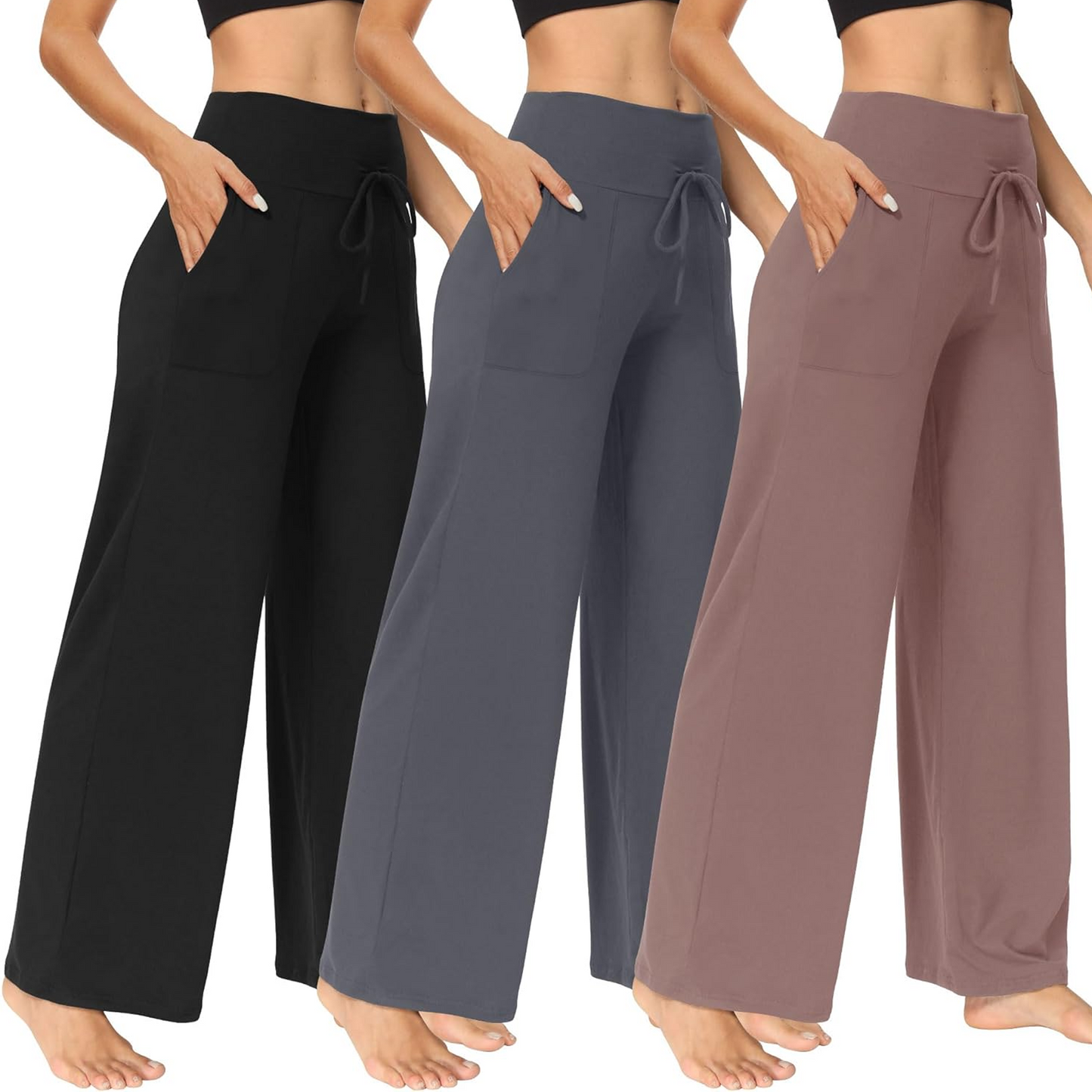 MLDRA 3 Pack Women's Wide Leg Pants with Pockets - Casual Loose Sweatpants Yoga Trouser Pants Sweat Palazzo Lounge Pajama Pants