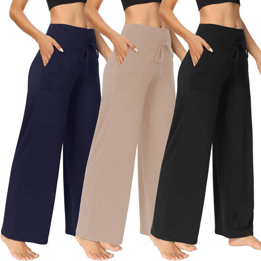 MLDRA 3 Pack Women's Wide Leg Pants with Pockets - Casual Loose Sweatpants Yoga Trouser Pants Sweat Palazzo Lounge Pajama Pants