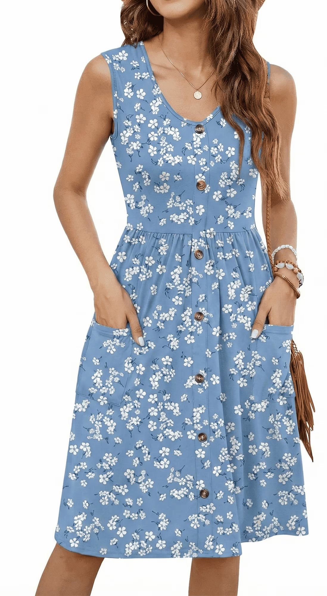 Women's Summer Dresses Casual Sleeveless Sundress Loose Button Elastic Waist Maternity Midi Dress with Pockets