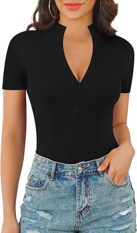 Body Suit Tummy Control Bodysuit Deep V Neck Zip Up Short Sleeve Tops Black Bodysuits for Women Black