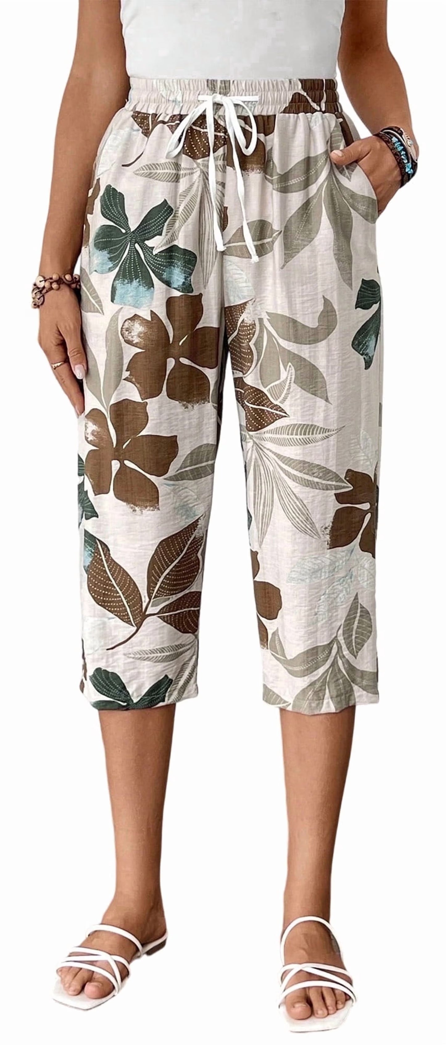 MLDRA Womens Capri Pants Linen Cropped Pants with Pockets Loose Fit Wide Leg Yoga Casual Elastic Waist Ladies Trousers Blue