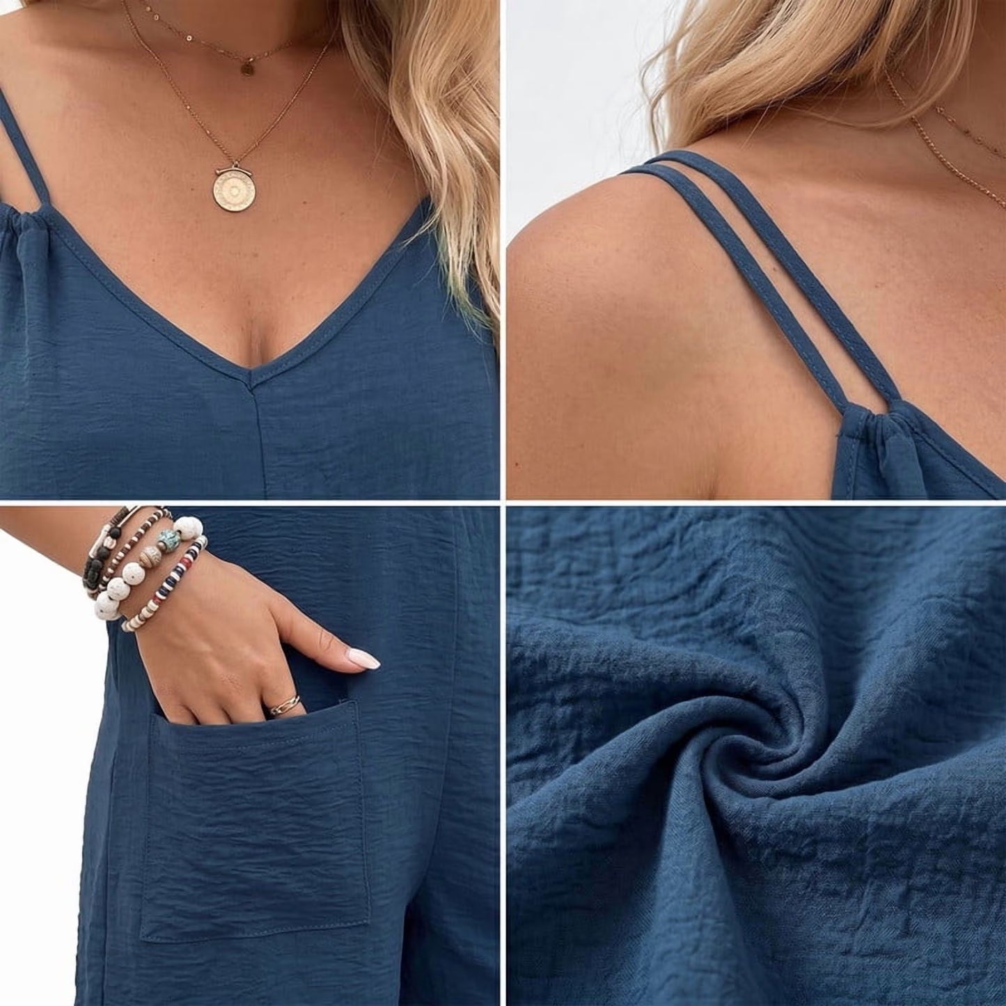 MLDRA Women’s Summer Romper V Neck Sleeveless Jumpsuit Adjustable Strap Casual Loose Short Overalls with Pockets