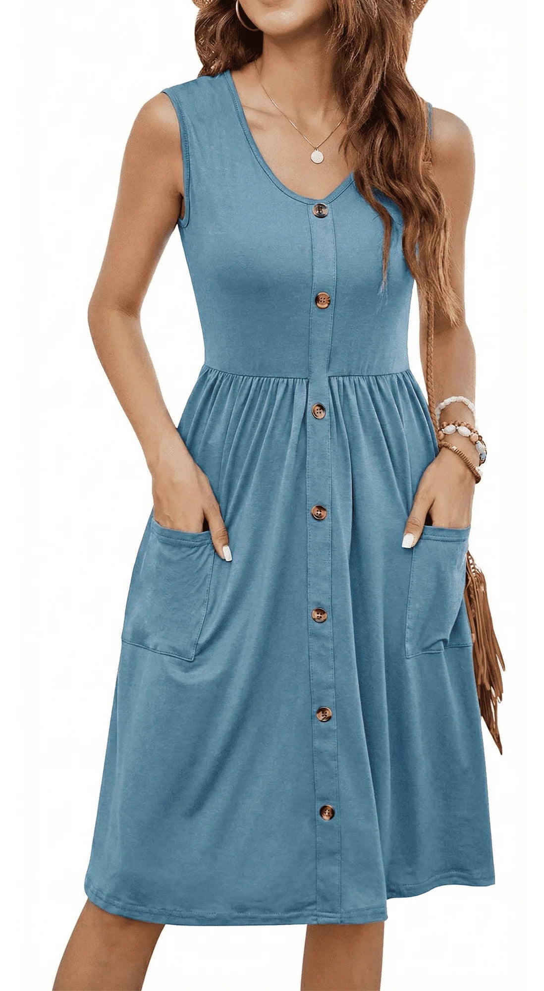 Women's Summer Dresses Casual Sleeveless Sundress Loose Button Elastic Waist Maternity Midi Dress with Pockets