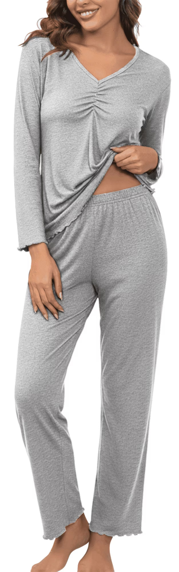 MLDRA Women's Pajama Sets 2 Piece Lounge Set Long Sleeve V Neck Top and Pants Soft Sleepwear Nightwear Pjs Fall Dark Grey