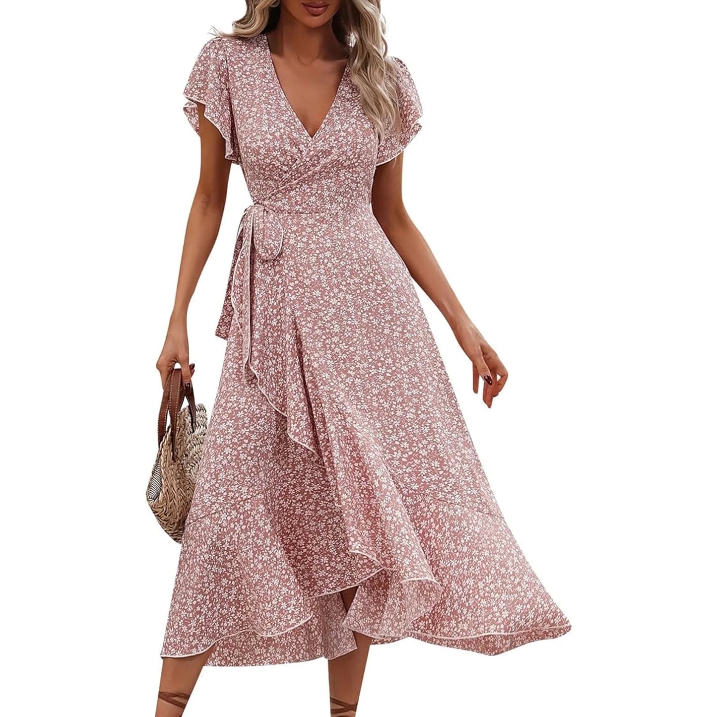 MLDRA Dress for Women Flower Floral Wedding Guest Dress V Neck Wrap Ruffle Sleeve Beach Skirt Casual 2026 Summer Pink