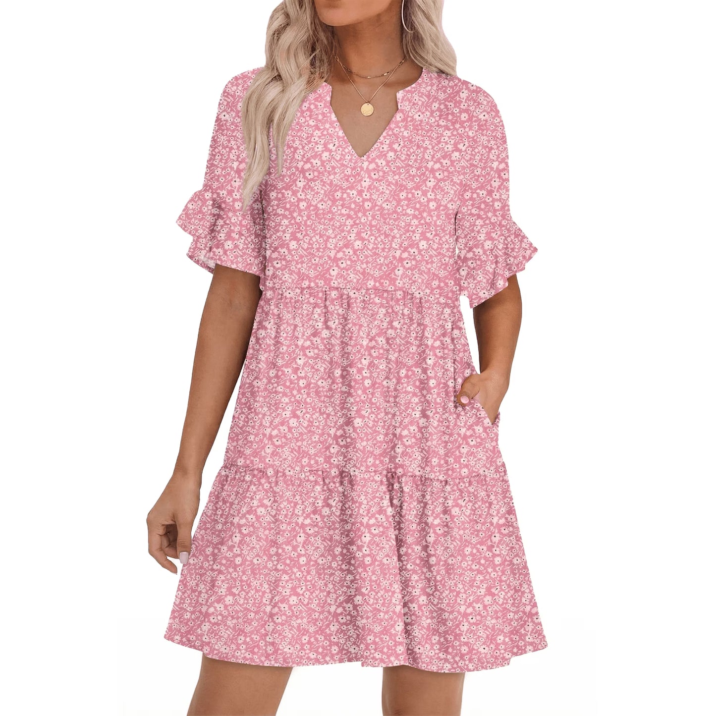MLDRA Dresses for Women V Neck Boho Summer Dresses with Pockets A Line Mini Beach Ruffle Sleeve Tiered Flowy Loose Casual 2026 XXL