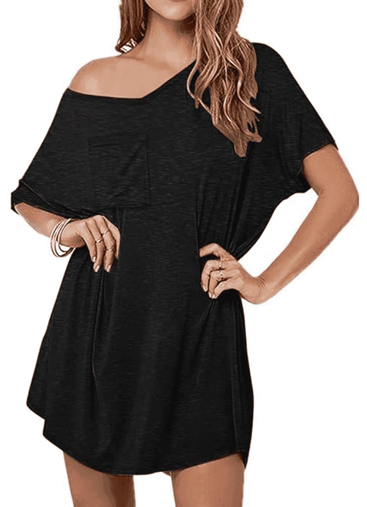 MLDRA Nightgowns for Women Sleepshirt Pajama Dress Loungewear Deep V Neck Nightshirt Casual Loose Comfy Sleepwear Black