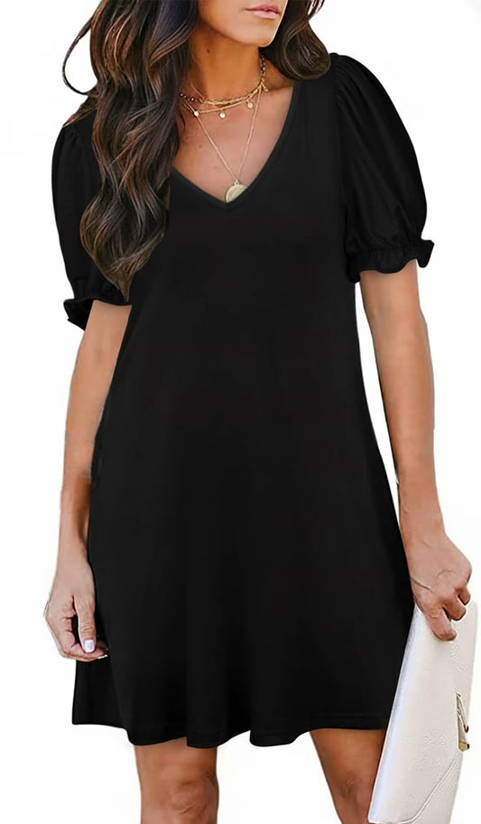 MLDRA Dresses for Women Casual Short Puff Sleeve V-Neck Dress with Pockets Loose Fit T-Shirt Dresses