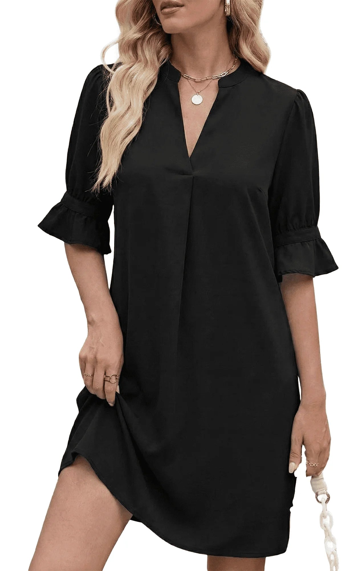 MLDRA Dresses for Women V Neck Ruffle Short Lantern Sleeve Mini Casual Shift Dress Black 2026 Spring Summer Elegant