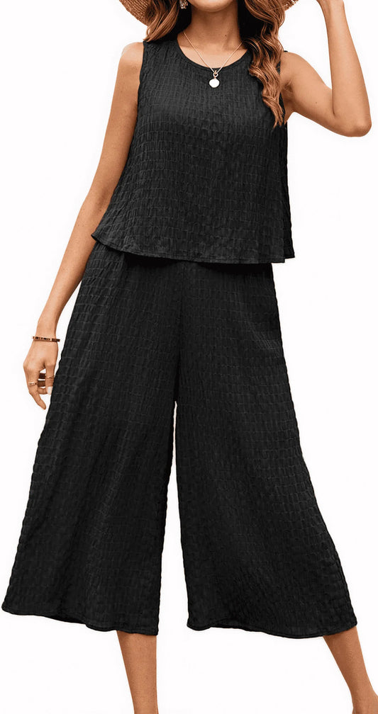 MLDRA Women's Capri Lounge Sets 2-Piece Beach Summer Vacation Travel Going Out Outfit Sleeveless Crop Tank Top Wide-Leg Dressy Palazzo Crop Pants Suit Black