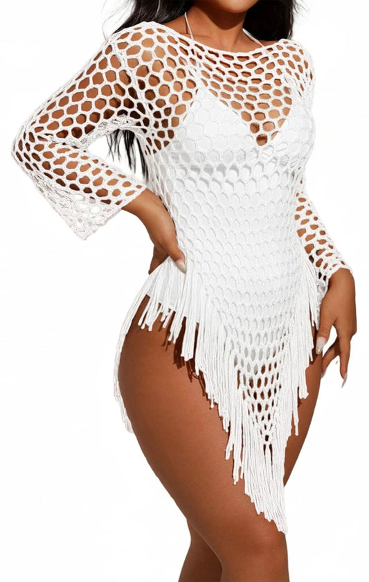 MLDRA Women's Swimsuit Cover Up Crochet Beach Coverups, Long Sleeve Fringe Knit Hollow Out Tops Summer White 2026