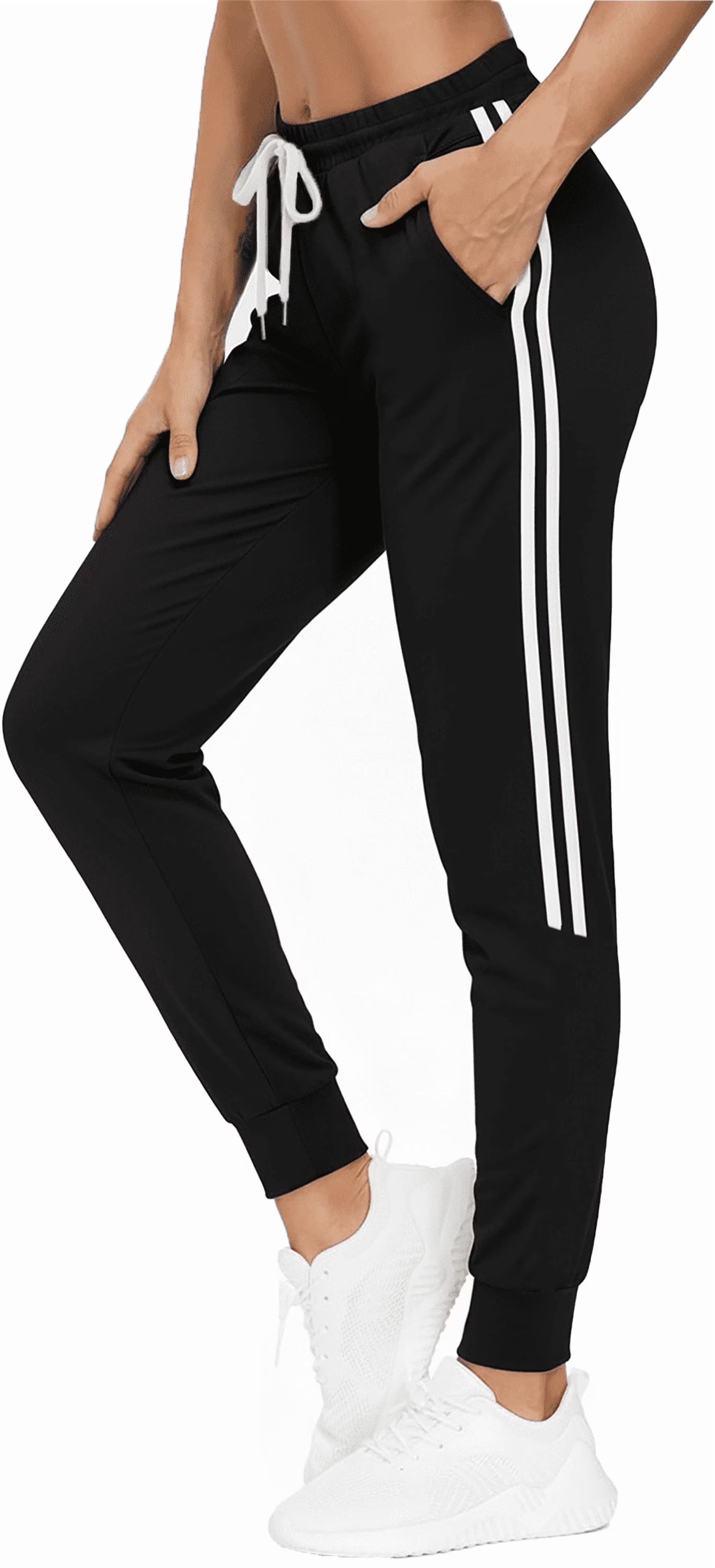 MLDRA Womens Sweatpants Joggers with Pockets Bottom Track Lounge Pant Lady Athletic Gym Lounge Pants Side Stripe for Workout Running Black