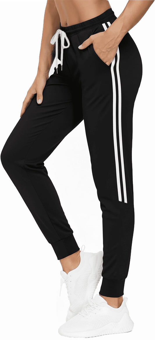 MLDRA Womens Sweatpants Joggers with Pockets Bottom Track Lounge Pant Lady Athletic Gym Lounge Pants Side Stripe for Workout Running Black
