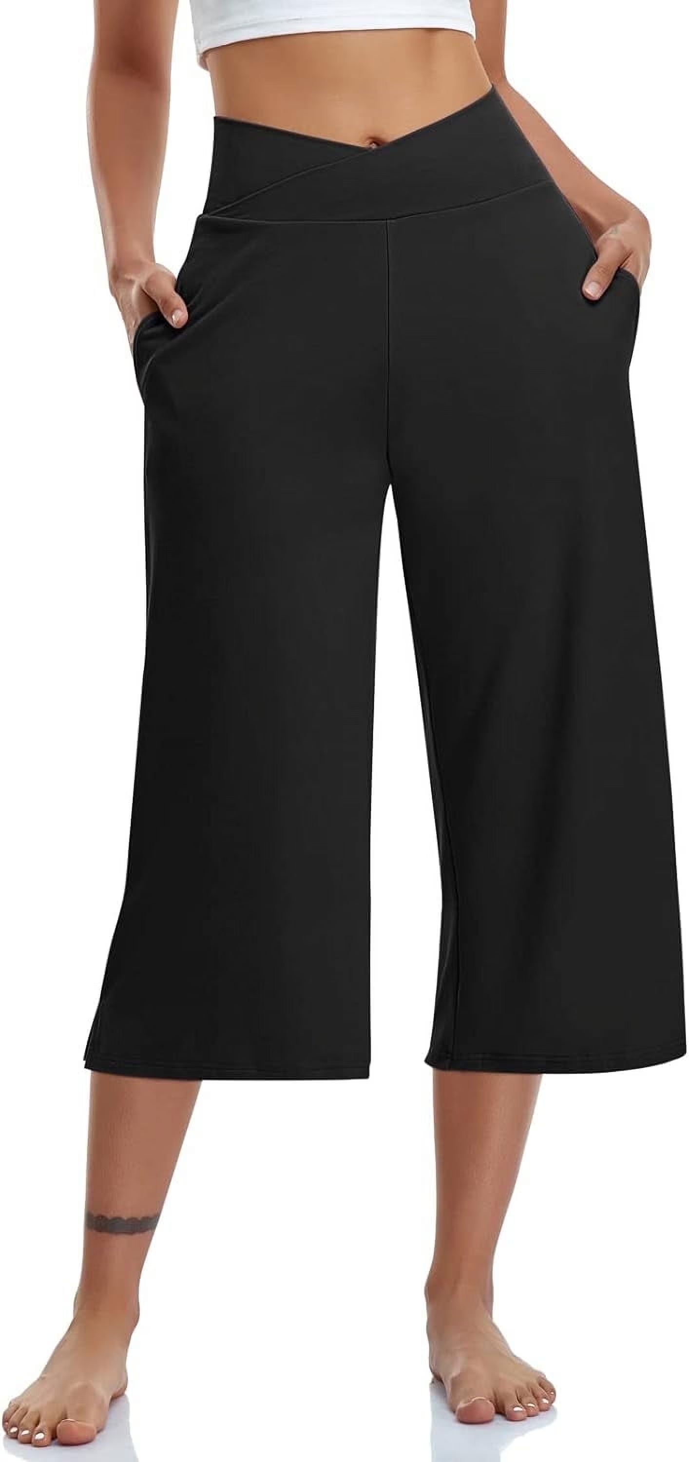 MLDRA Womens Capri Pants Wide Leg Yoga Sweatpants High Waist Workout Work Dress Pant, Flare Leggings with Pockets for Summer Black
