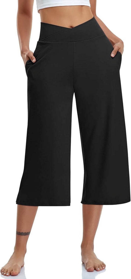 MLDRA Womens Capri Pants Wide Leg Yoga Sweatpants High Waist Workout Work Dress Pant, Flare Leggings with Pockets for Summer Black