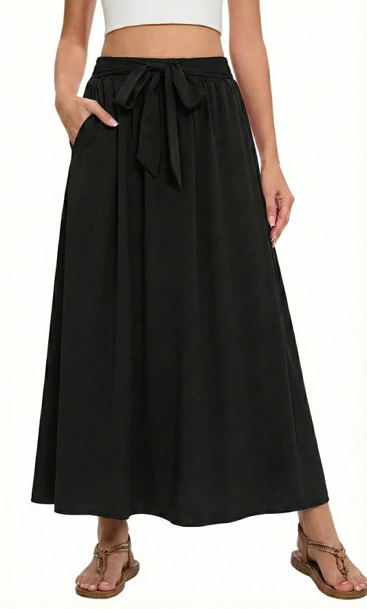 MLDRA Skirts for Women Elastic High Waist Maxi Skirt with Pockets Trendy Tie Knot Dressy Casual A-line Long Flowy Pleated Skirts