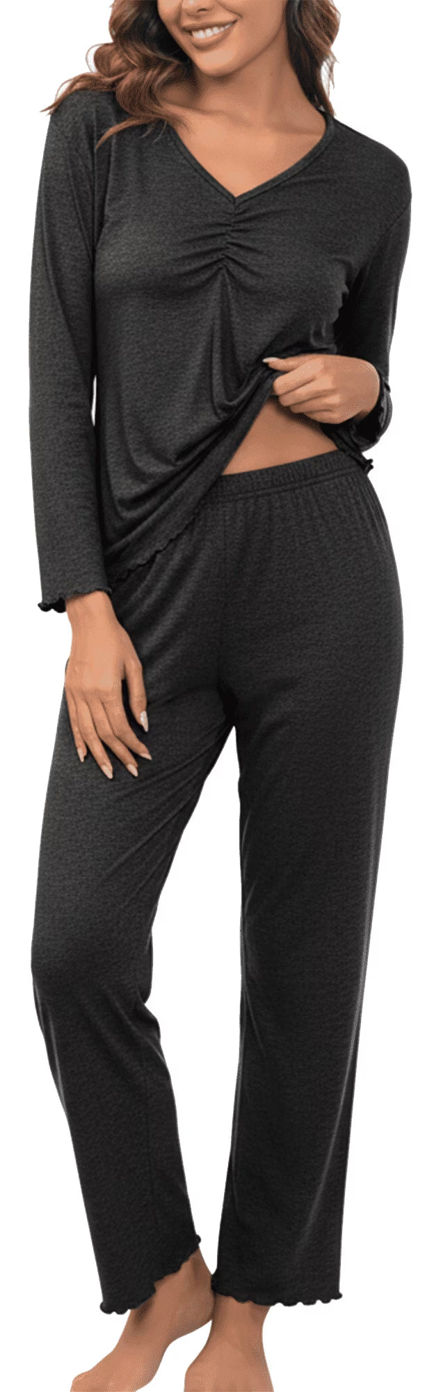 MLDRA Women's Pajama Sets 2 Piece Lounge Set Long Sleeve V Neck Top and Pants Soft Sleepwear Nightwear Pjs Fall Dark Grey