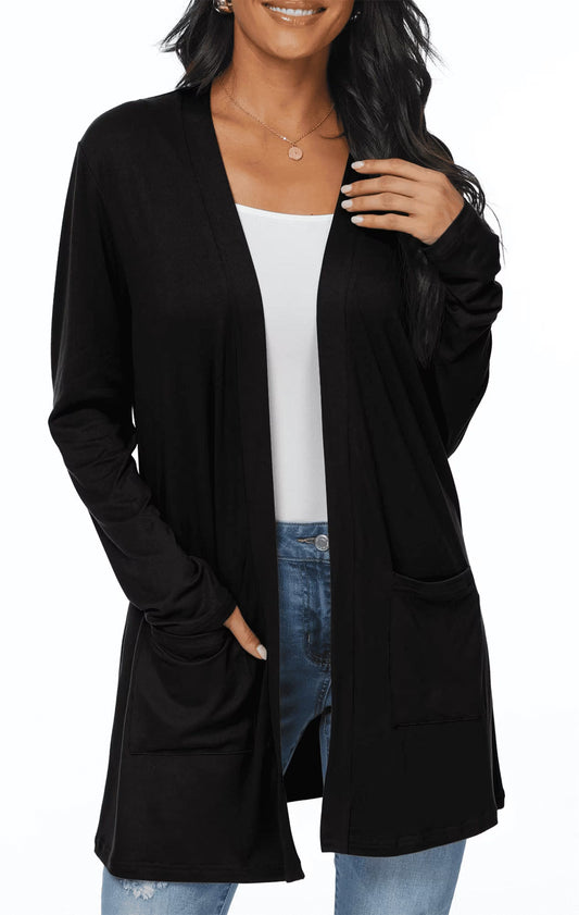 MLDRA Women's Open Front Lightweight Casual Long Sleeve Cardigan with Pockets, Black, 2026