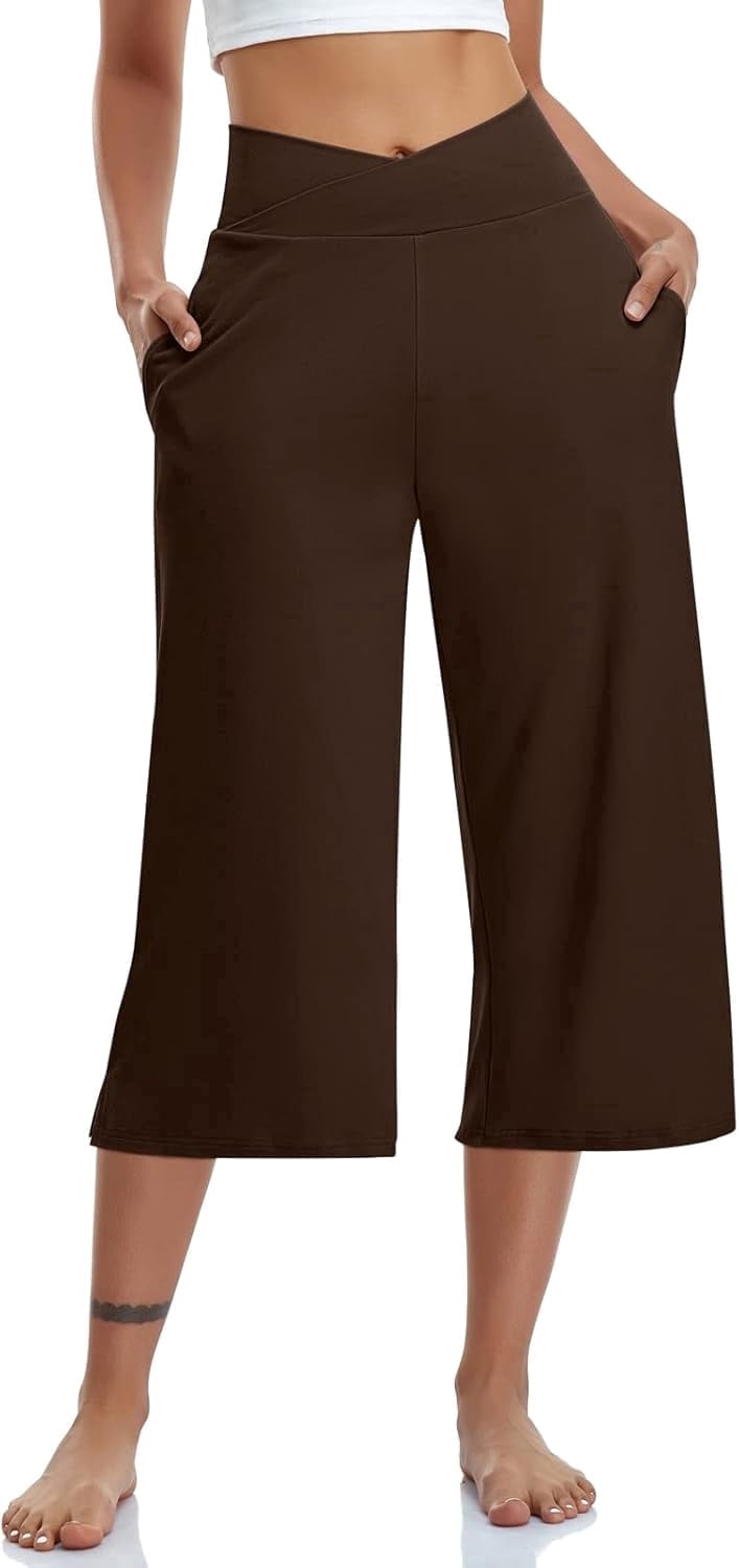 MLDRA Womens Capri Pants Wide Leg Yoga Sweatpants High Waist Workout Work Dress Pant, Flare Leggings with Pockets for Summer Black