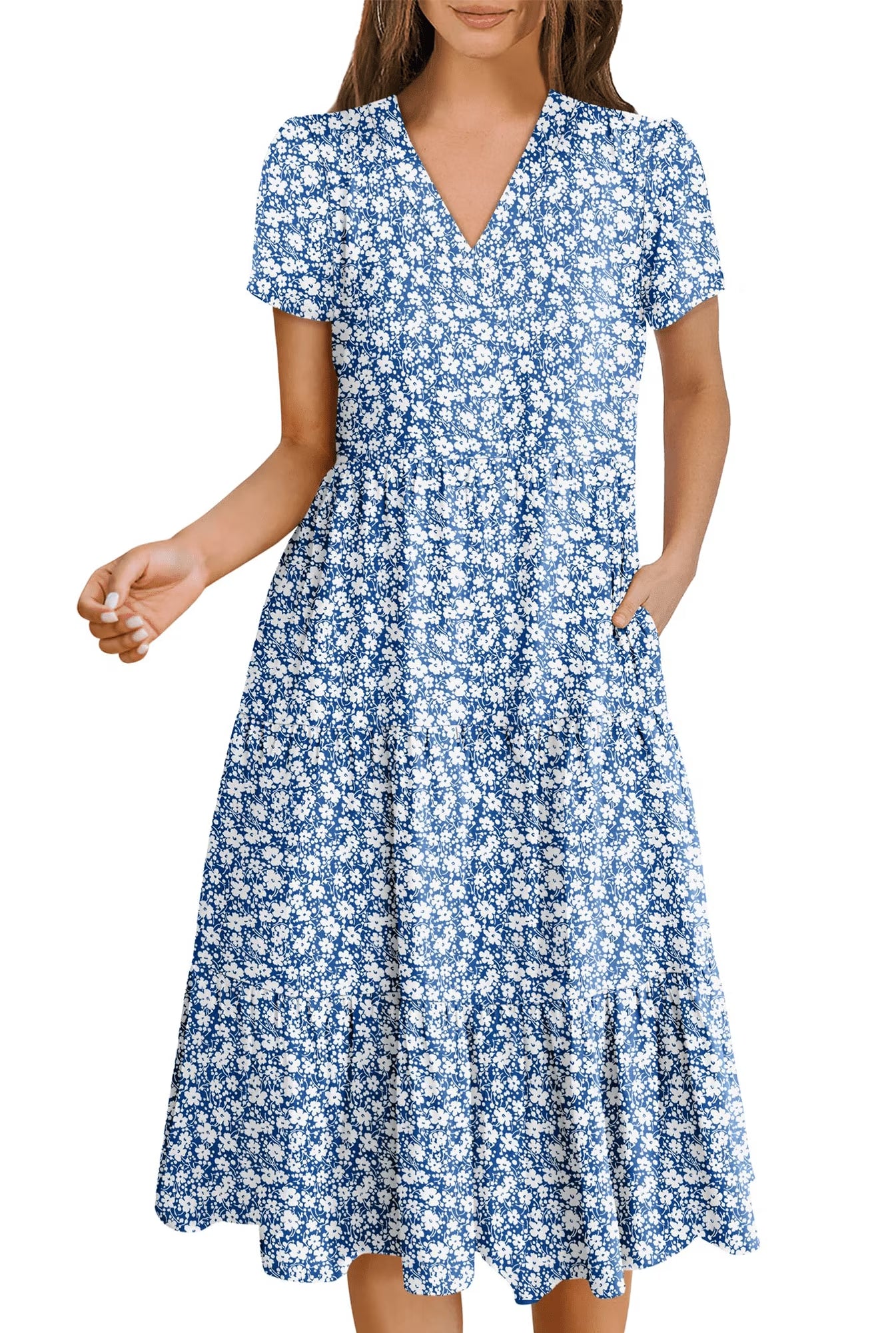 MDLRA Flowy Dresses for Women Summer Boho Beach Dress Casual Short Sleeve V Neck Midi Dresses A-line Tiered T Shirts Dress 2025 Blue