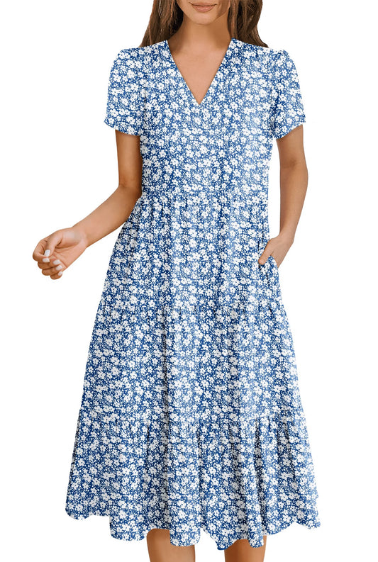 MDLRA Flowy Dresses for Women Summer Boho Beach Dress Casual Short Sleeve V Neck Midi Dresses A-line Tiered T Shirts Dress 2025 Blue