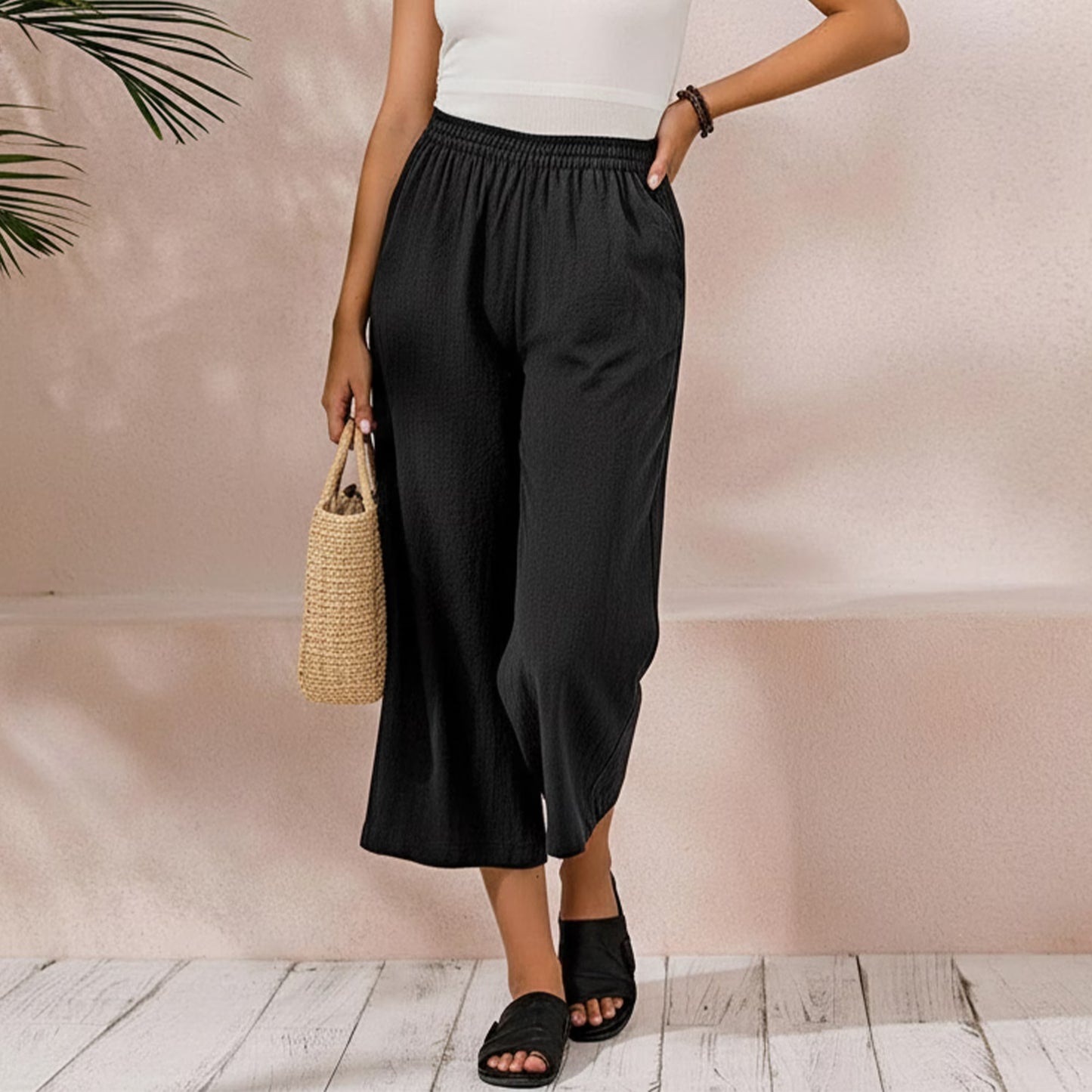MLDRA Capri Wide Leg Pants for Women Iinen Pants Casual Lounge Workout Cropped Work Loose High Waisted with Pockets