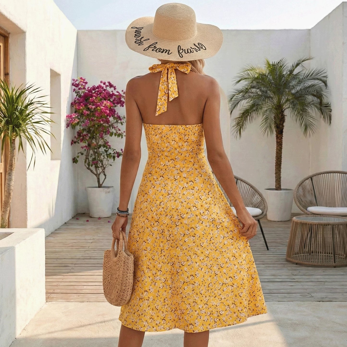 MLDRA Women's Beach Dress Backless Halter Sleeveless Strapless Floral Midi with Pockets Smocked Waist Deep V Neck Yellow