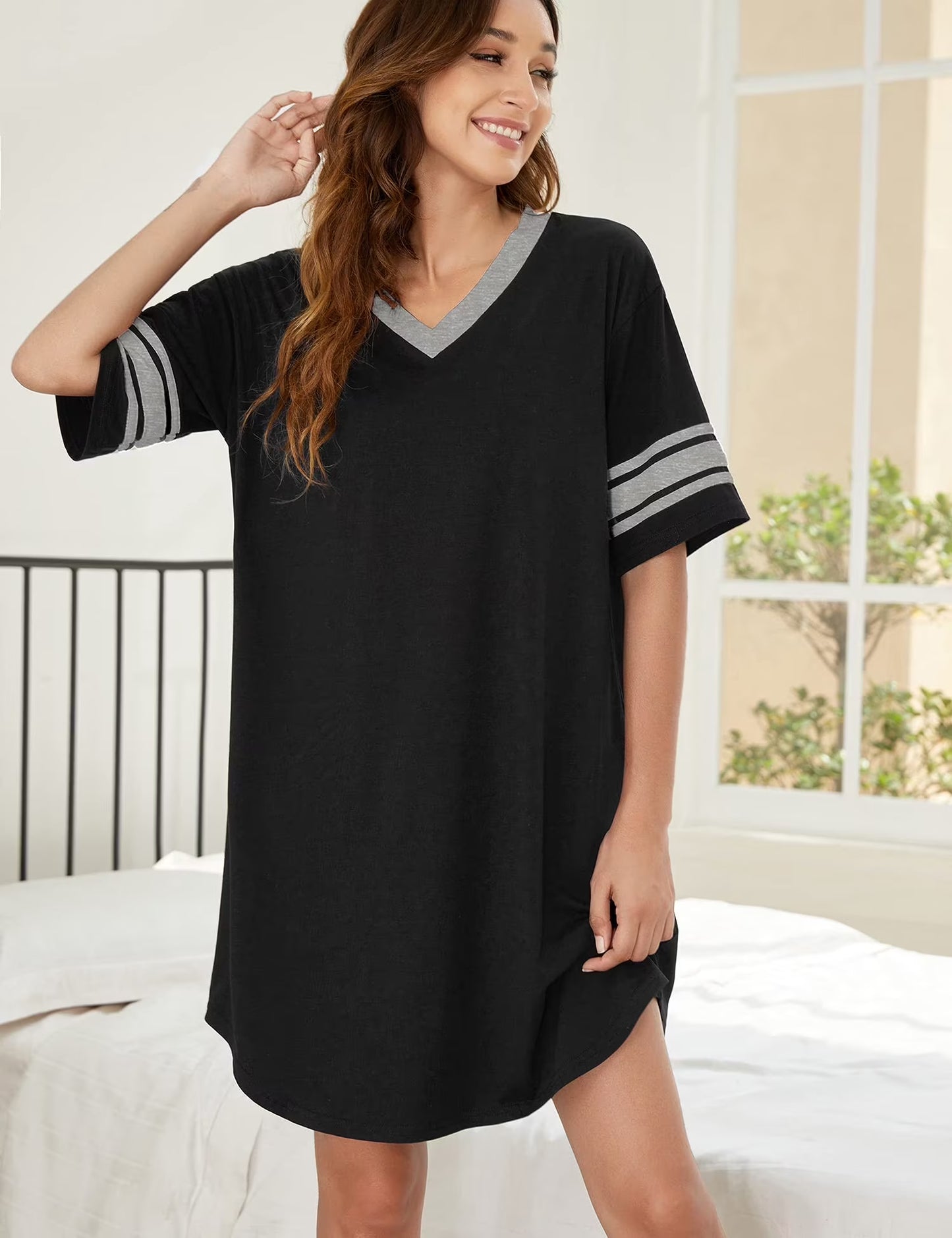 MLDRA Nightgown for Women Short Sleeve Sleepwear Casual Cotton Sleep Shirt Soft V Neck Lounge Sleep Shirts Color Block