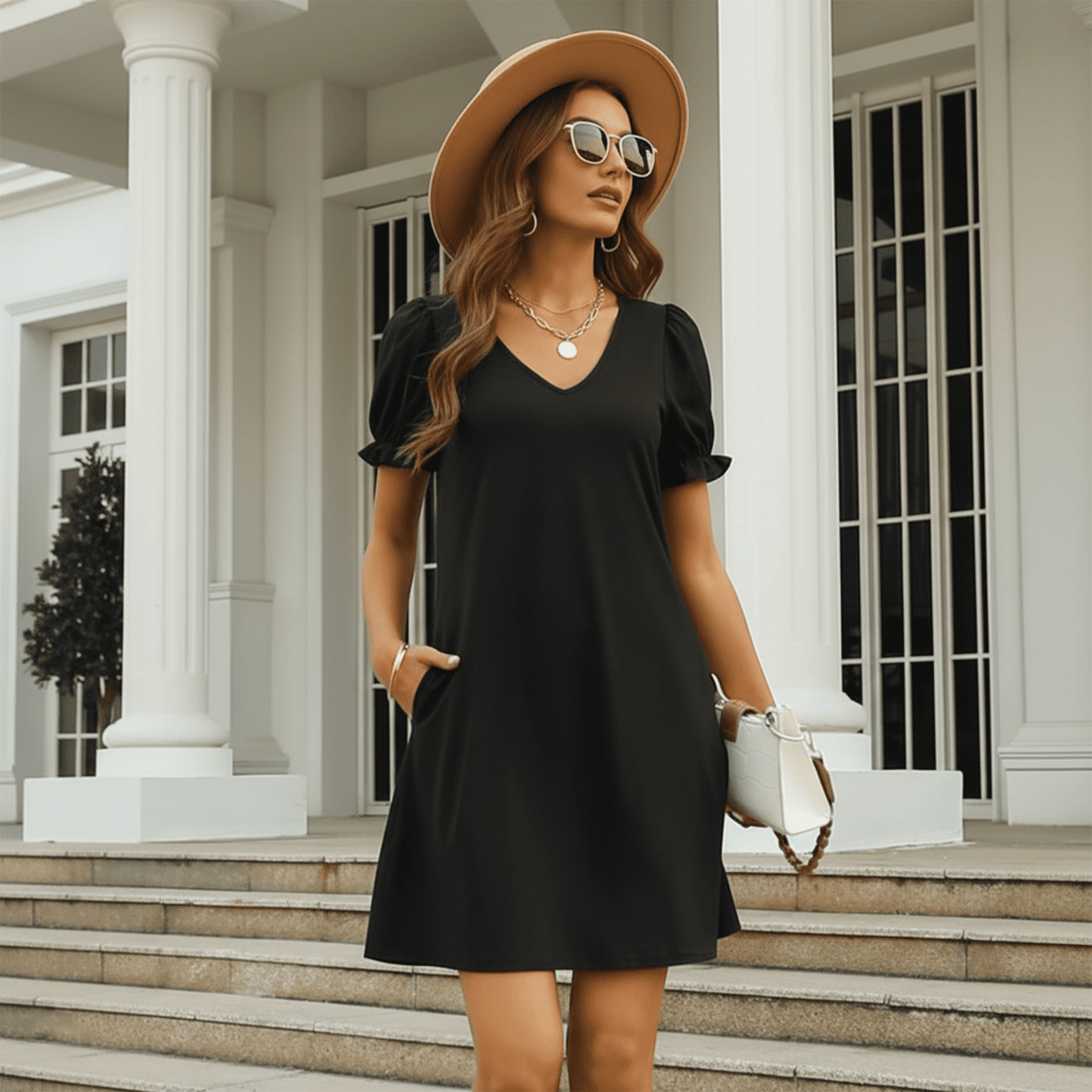 MLDRA Dresses for Women Casual Short Puff Sleeve V-Neck Dress with Pockets Loose Fit T-Shirt Dresses