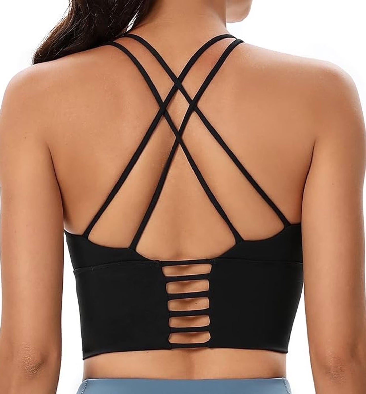 Sports Bra for Women Crop Tank Strappy Medium Support Padded Yoga Top Criss Cross Open Back Removable Cups for Workout Running