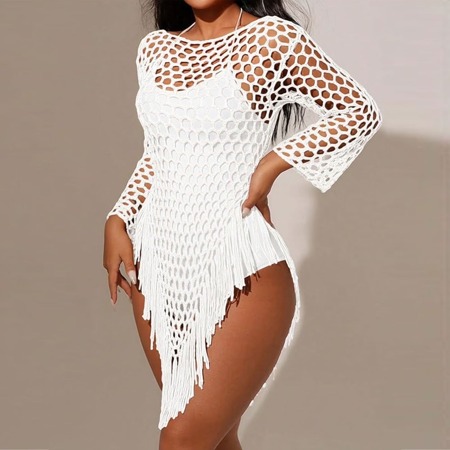 MLDRA Women's Swimsuit Cover Up Crochet Beach Coverups, Long Sleeve Fringe Knit Hollow Out Tops Summer White 2026