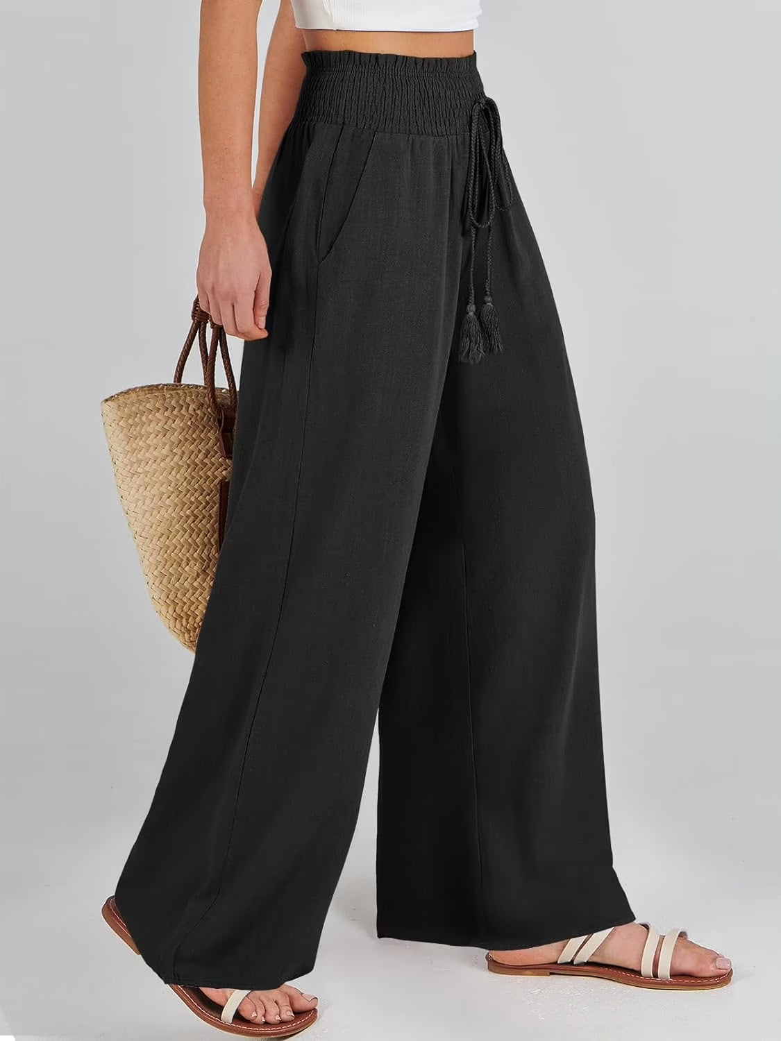 MLDRA Linen Pants for Women Wide Leg Pants High Waist Wide Leg Trousers Trendy Lounge Pant with Pockets (Available in Plus Size)