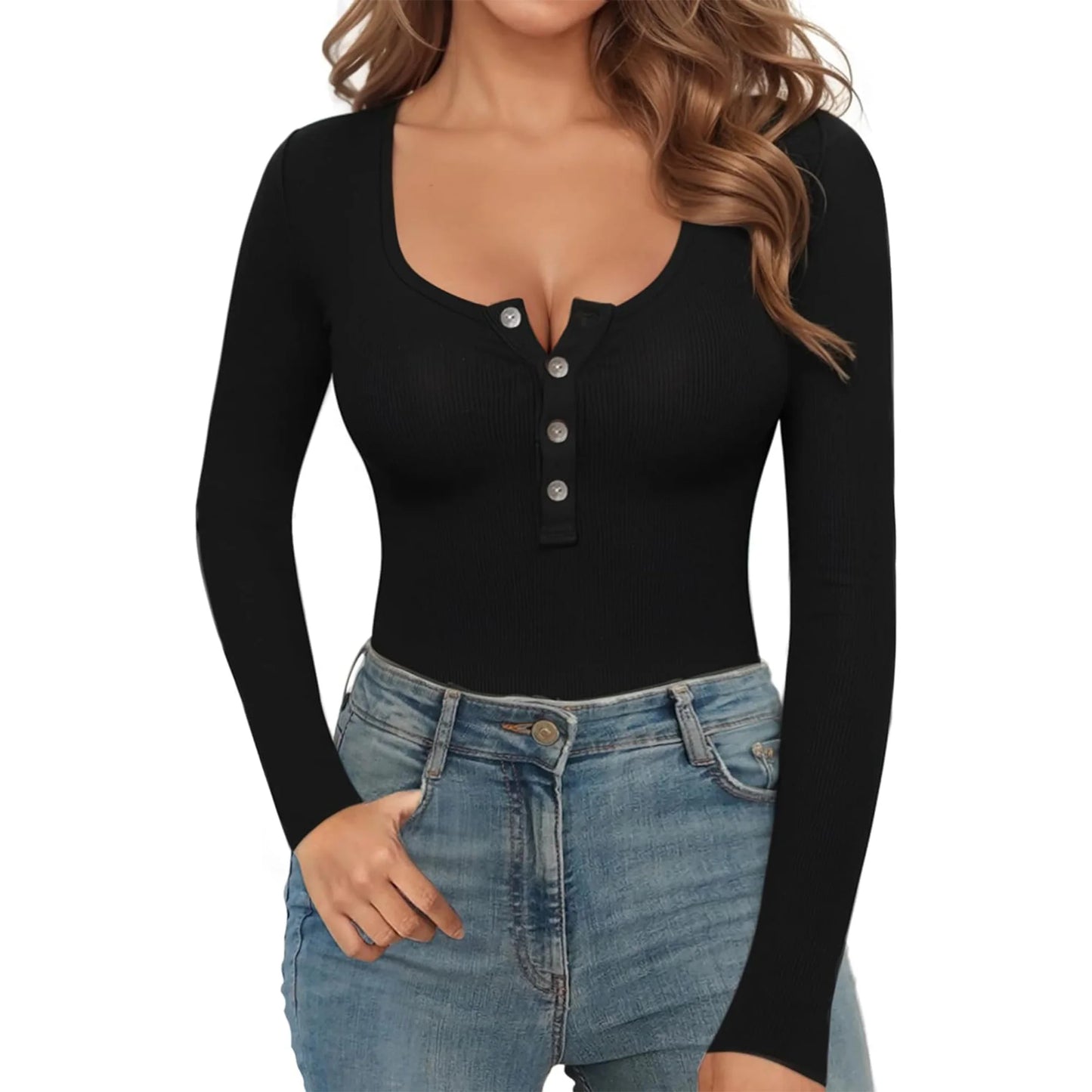 MLDRA Bodysuits for Women Long Sleeve Body Suit Crew Neck Ribbe Basic Going Out Winter Button Down Women Bodysuits Black