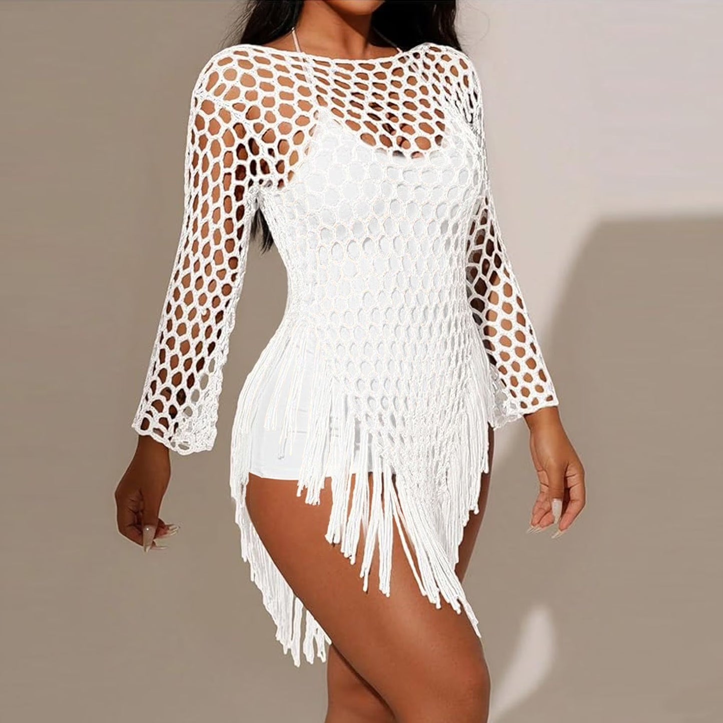 MLDRA Women's Swimsuit Cover Up Crochet Beach Coverups, Long Sleeve Fringe Knit Hollow Out Tops Summer White 2026