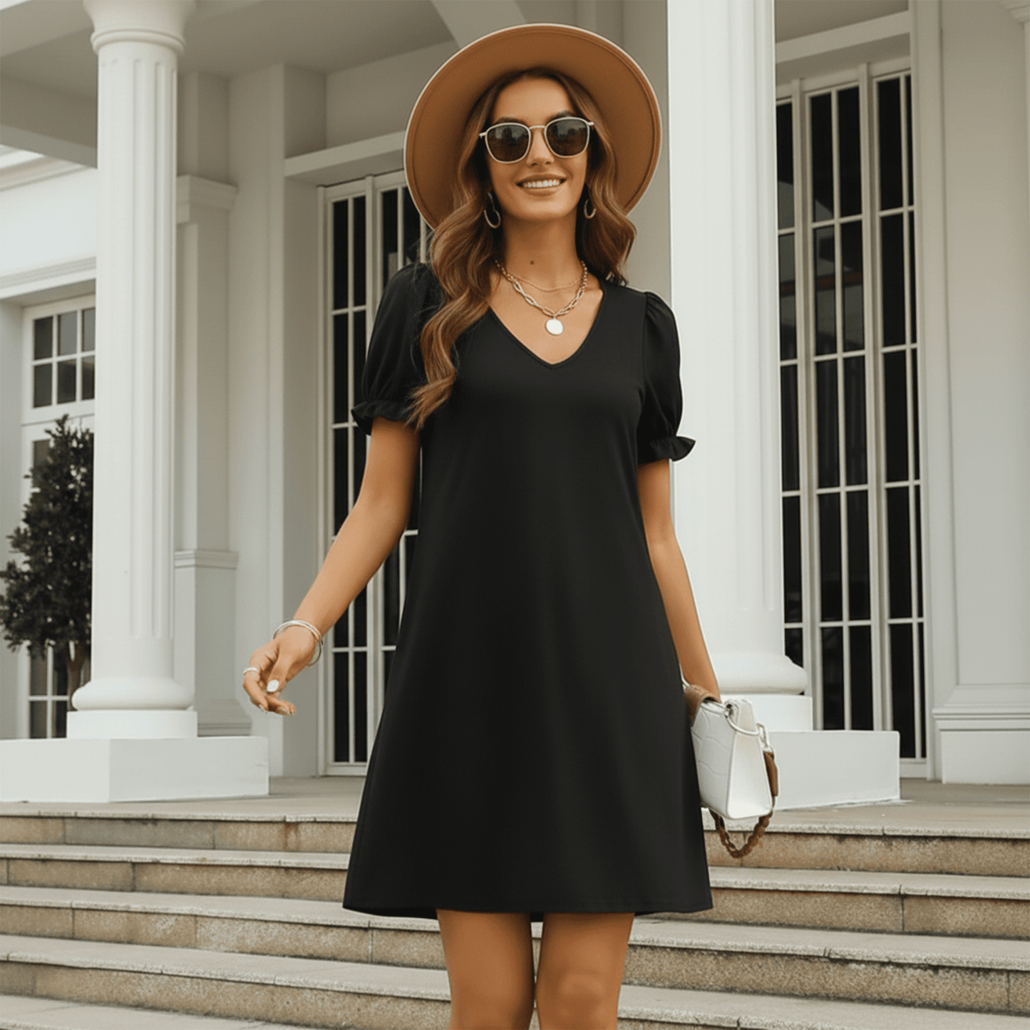 MLDRA Dresses for Women Casual Short Puff Sleeve V-Neck Dress with Pockets Loose Fit T-Shirt Dresses