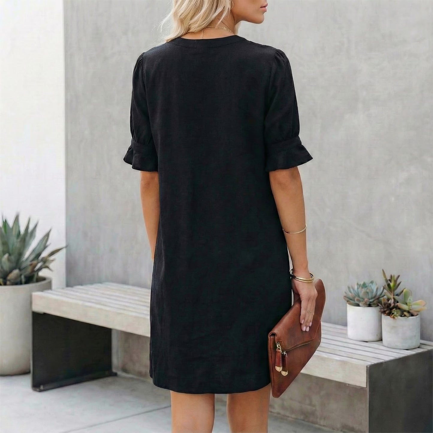 MLDRA Dresses for Women V Neck Ruffle Short Lantern Sleeve Mini Casual Shift Dress Black 2026 Spring Summer Elegant