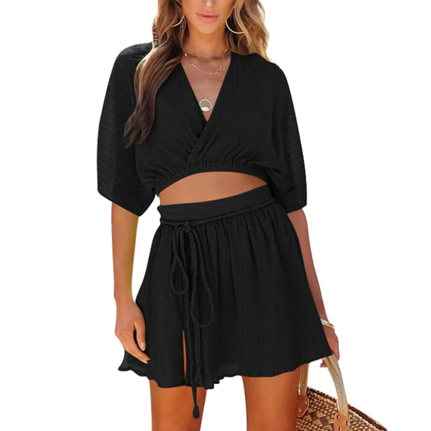 Women's Skirt Set Summer Lounge Beach 2 Piece Sexy Outfit Wrap Skirt and Top Lounge Travel Set Half-Sleeve V-Neck Crop Top High-Waisted Slit Dress Black