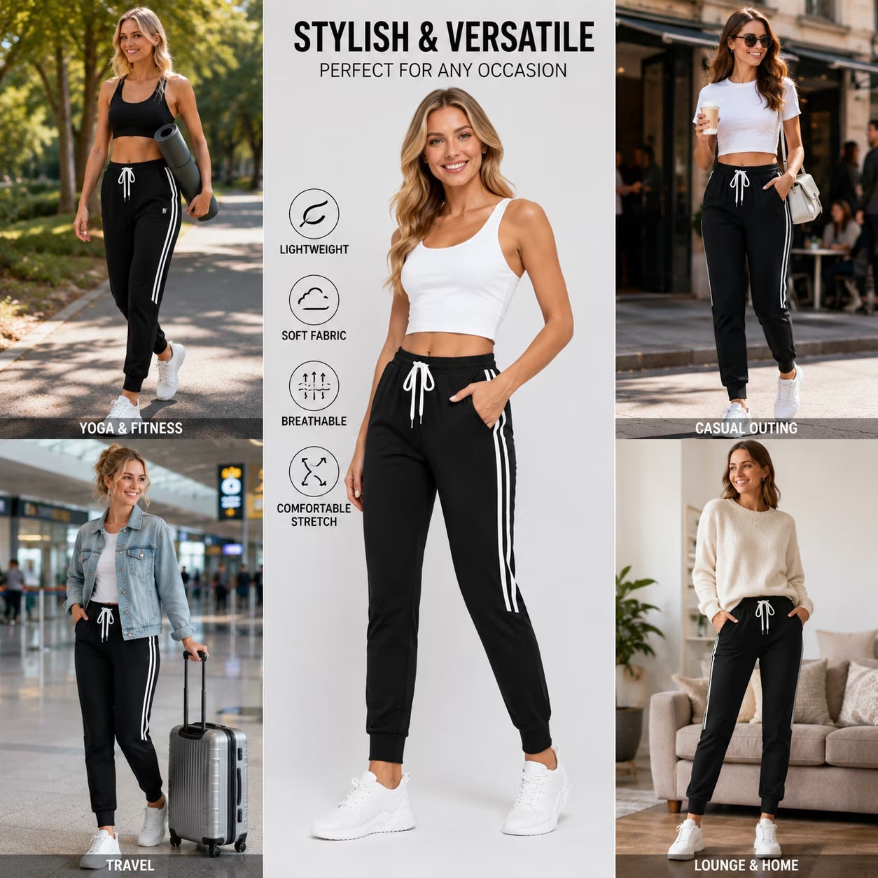 MLDRA Womens Sweatpants Joggers with Pockets Bottom Track Lounge Pant Lady Athletic Gym Lounge Pants Side Stripe for Workout Running Black