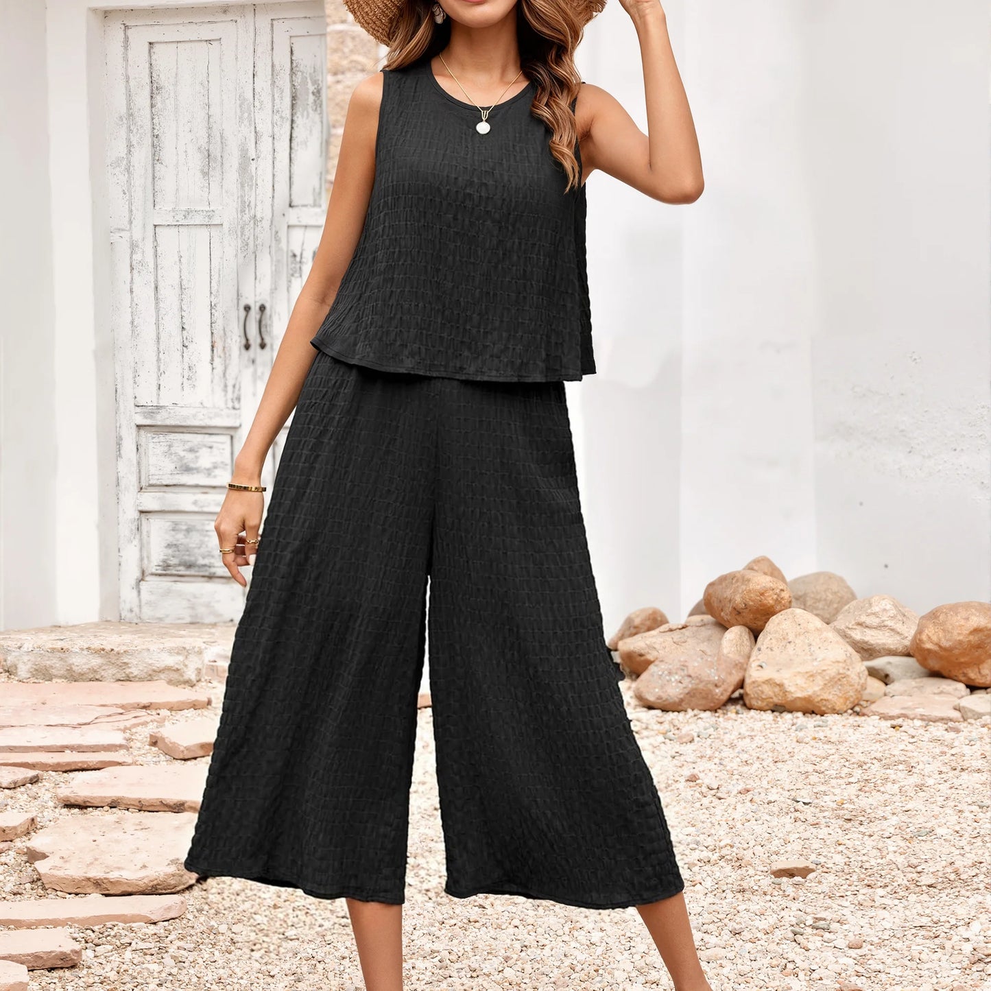 MLDRA Women's Capri Lounge Sets 2-Piece Beach Summer Vacation Travel Going Out Outfit Sleeveless Crop Tank Top Wide-Leg Dressy Palazzo Crop Pants Suit Black