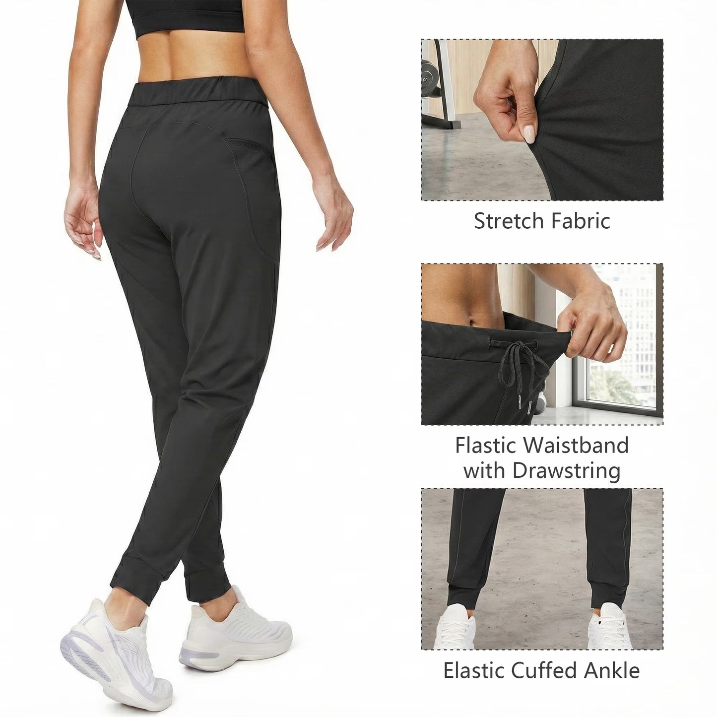 MLDRA Women's Joggers Sweatpants Yoga Pants with Zipper Pockets Stretch Tapered Athletic Joggers for Gym Workout Running Lounge Black