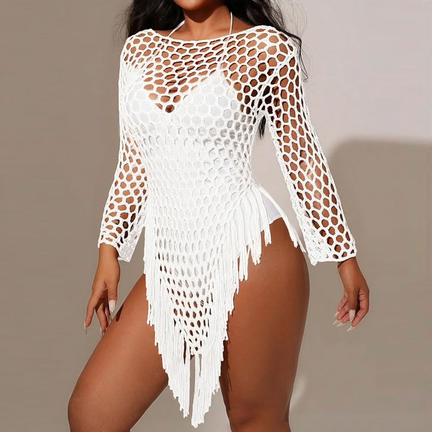MLDRA Women's Swimsuit Cover Up Crochet Beach Coverups, Long Sleeve Fringe Knit Hollow Out Tops Summer White 2026